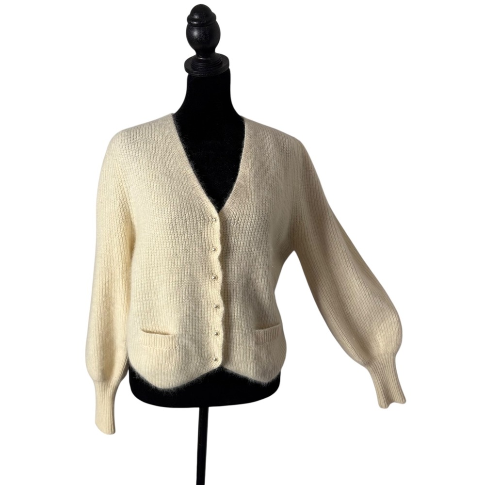 Vintage Sideffects Fuzzy Cardigan Sweater Size M Cream Balloon Sleeve Cozy Knit